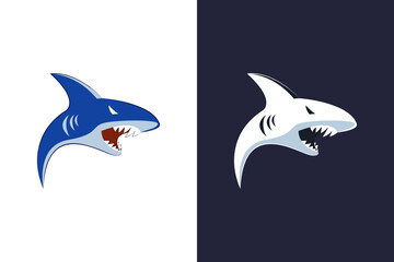 Illustration of a blue and white two tone shark logo on a white and black background.