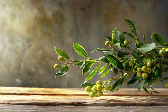 a branch of mistletoe on a wooden background with place for text or inscriptions
