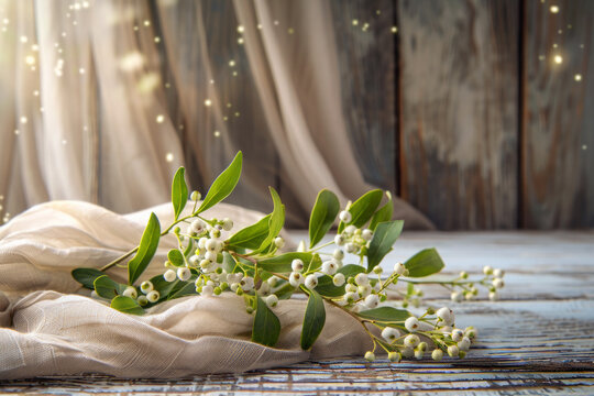 a branch of mistletoe on a wooden background with a curtain and a place for text or inscriptions

