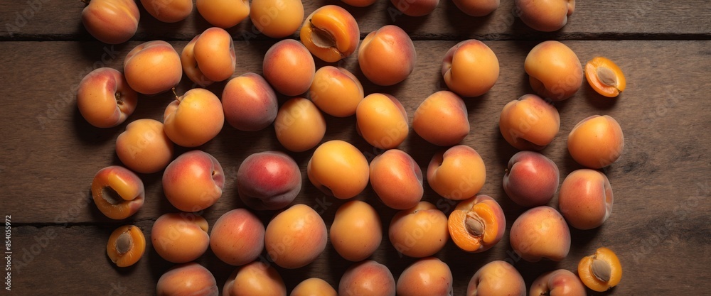 Wall mural Apricot fruits on wooden rustic table. Top view flat lay