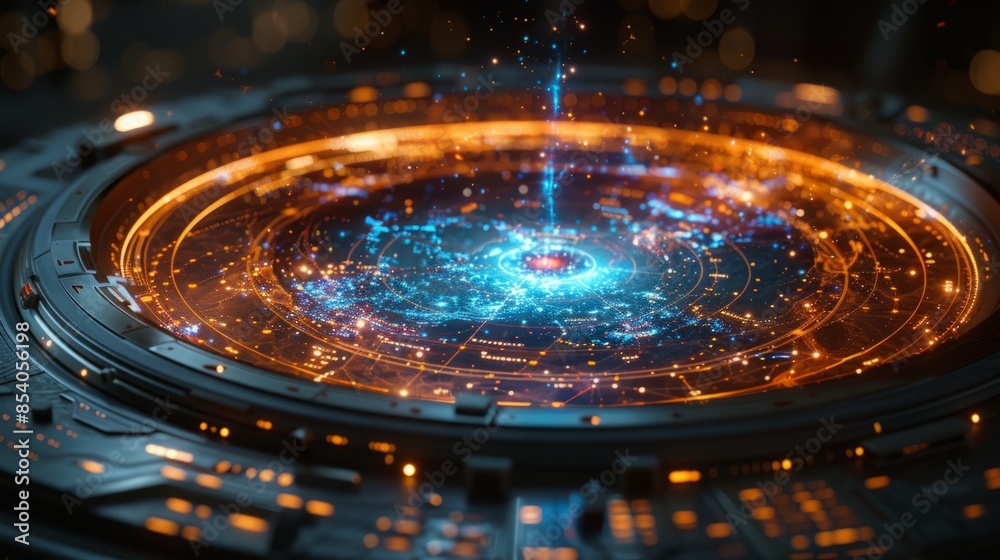 Poster a close-up shot of a circular interface with glowing blue and orange lights, creating a futuristic a