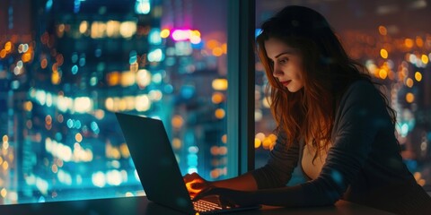 Female in an office at night, focused intensely on a laptop, city lights glowing in the background.