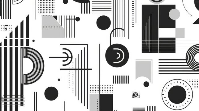 Geometric Shapes and Lines on White Background A Modern Monochrome Design for Textiles and Wallpaper