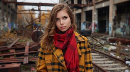 Fototapeta premium Portrait of a woman in a checkered coat against background of industrial factory ruins