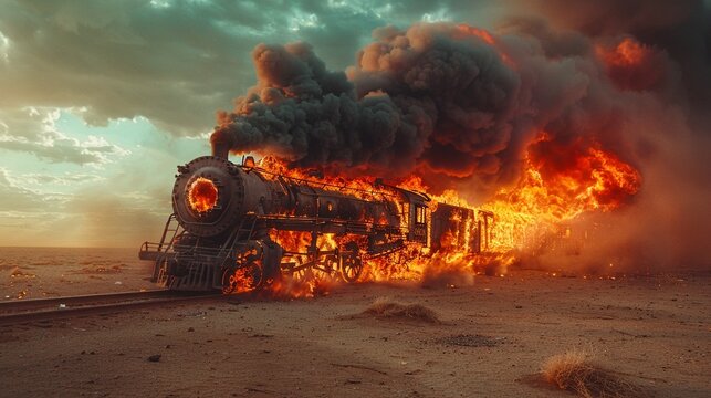 Fiery train wreck in a desert landscape, with flames engulfing the locomotive and smoke billowing into the sky 8K , high-resolution, ultra HD,up32K HD
