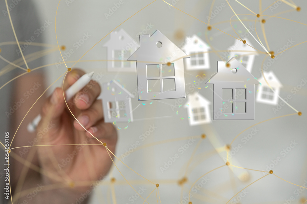 Poster home data. Digital cyberspace with particles and Digital data network connections concept.