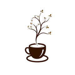 Illustration of a cup of smoky coffee in the shape of a brown coffee tree on a white background