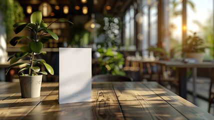 Blank menu card on a wooden table in a cozy restaurant setting with a plant, creating an inviting atmosphere.dining restaurant decor, and services.
