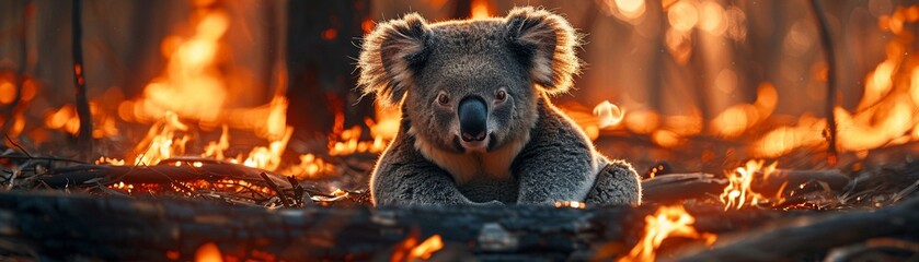 Fototapeta premium Koala sitting amidst a forest fire, glowing embers and flames reflecting in its eyes, symbolizing the devastation of natural habitats 8K , high-resolution, ultra HD,up32K HD