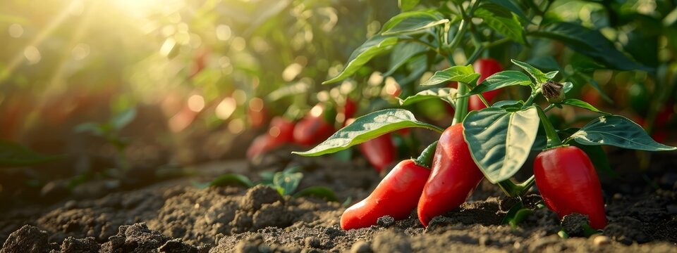  A red pepper group matures atop a plant, nestled in earthy soil Sun rays filter through vibrant foliage