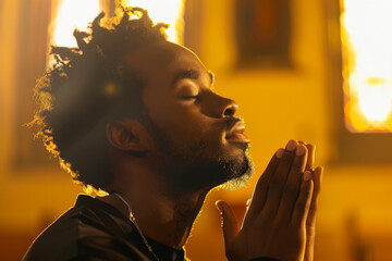 a Black Man Praying at Church: A Black man kneeling in prayer at the altar of a church, his eyes closed and hands clasped together in devotion. The studio background is a warm yellow, evoking feelings