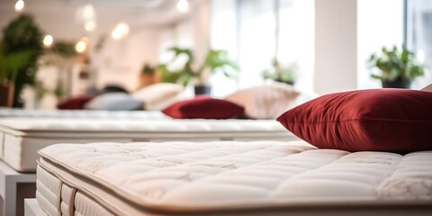 Contemporary mattress showroom with diverse mattresses and pillows on wooden platforms. Concept Mattress Showroom, Diverse Mattresses, Pillows, Wooden Platforms, Contemporary Design