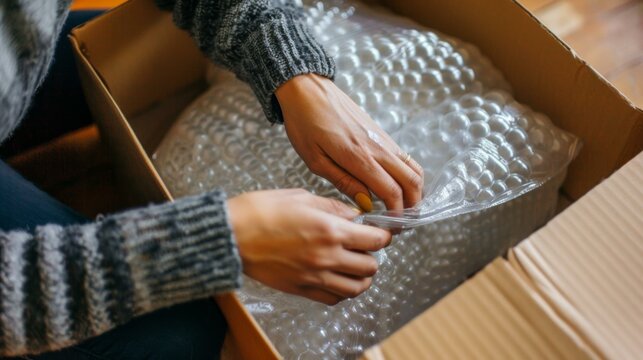 A person placing bubble wrap inside a cardboard box.