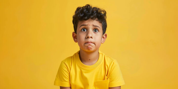 a Hispanic boy in a yellow sports uniform, looking confused with a puzzled expression on a yellow studio background