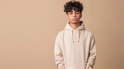 Fototapeta premium a Hispanic teenager in beige casual wear, looking anxious with hands in pockets on a beige studio background