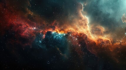 Fototapeta premium A vibrant nebula in space, swirling with orange, red, and blue hues, surrounded by countless stars.