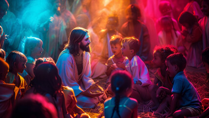 Jesus celebrating with children in a vibrant and festive setting, surrounded by colorful lights.
