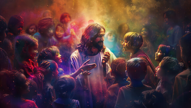 Jesus celebrating with children in a vibrant and festive setting, surrounded by colorful lights.
