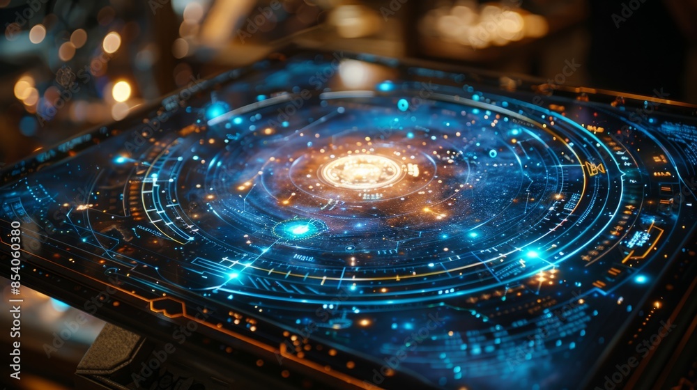 Poster A close-up image of a digital interface with a blue and orange glow, showcasing a complex network of circles and lines.