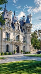 Fototapeta premium a luxury mansion in spring, featuring a large lawn and white flowers in front, with a classic exterior design including columns at the entrance and tall towers on either side.