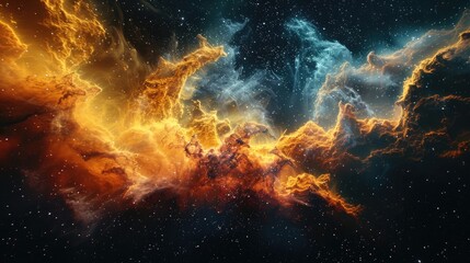 A vibrant nebula with fiery orange and cool blue colors against a dark starry background.