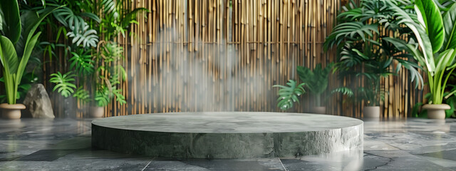 stone round podium with bamboo wall behind, steam from a hot spring in the background, tropical...