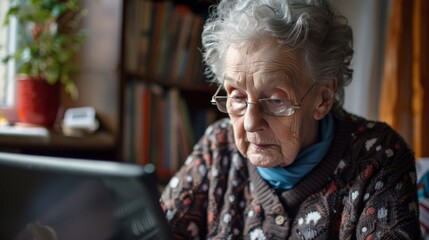 Elderly woman paying bills online, focusing intently on her laptop screen