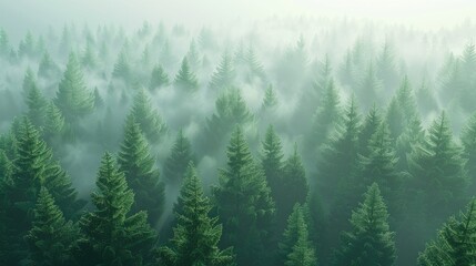 Fototapeta premium a dense forest with a misty atmosphere, showcasing tall trees in a mountainous landscape with green conifer and pine tree foliage, in the style of dark fantasy concept art.