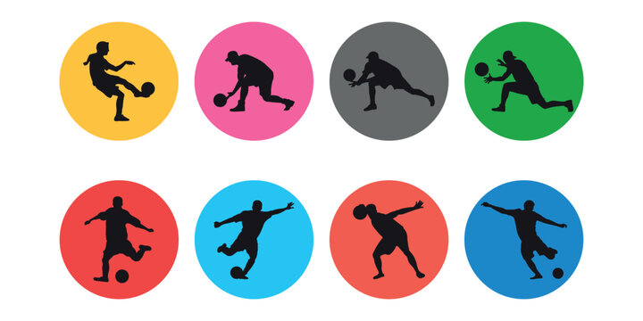 Collection of colored icons with silhouettes of kickball players