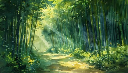 Obraz premium Bamboo forest with a winding path and dappled sunlight, Green hues, Watercolor