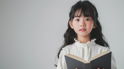 Obraz premium a Japanese girl in a white dress, looking curious while holding a book on a white studio background