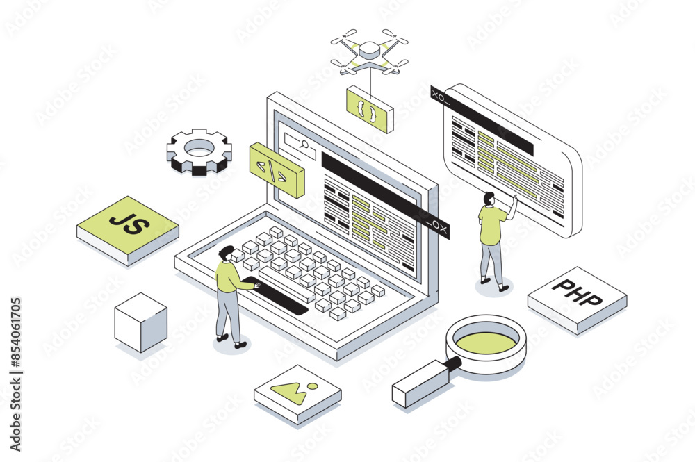 Aufkleber Website creating 3d isometric concept in outline isometry design for web. People creating UI UX interface and homepages at laptop screen, prototyping code and testing scripts. Vector illustration.