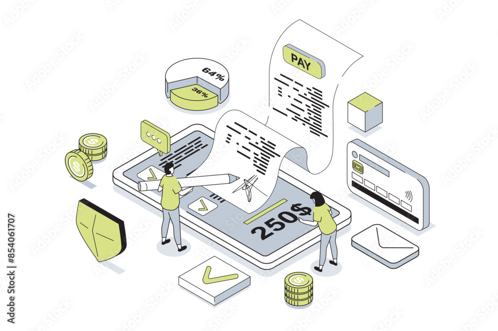 Poster electronic receipt 3d isometric concept in outline isometry design for web. people receiving digital