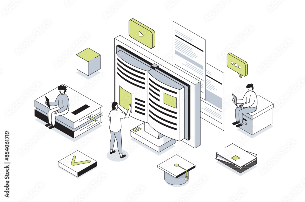 Leinwandbilder Modern education 3d isometric concept in outline isometry design for web. People reading e-books and digital textbook, learning at digital classroom, watching video lectures. Vector illustration.