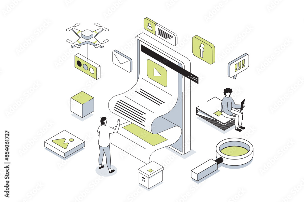 Poster mobile news 3d isometric concept in outline isometry design for web. people using smartphones to rea