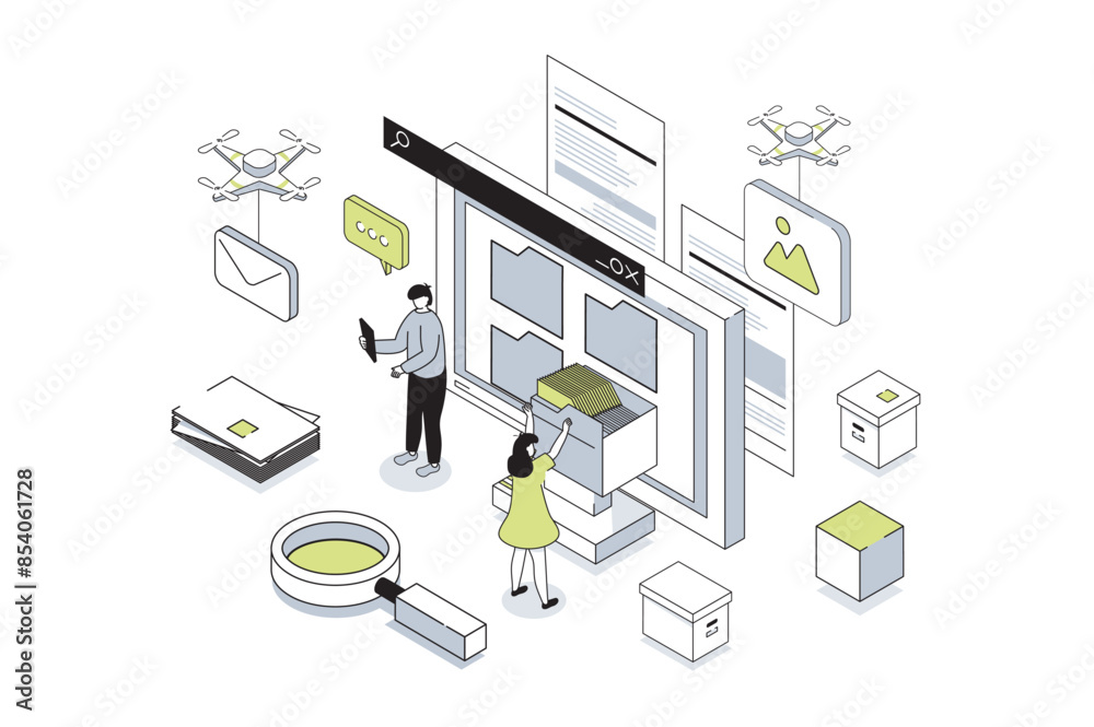 Poster Electronic organization files 3d isometric concept in outline isometry design for web. People working with digital database at computer screen, organizing folders for storage. Vector illustration.