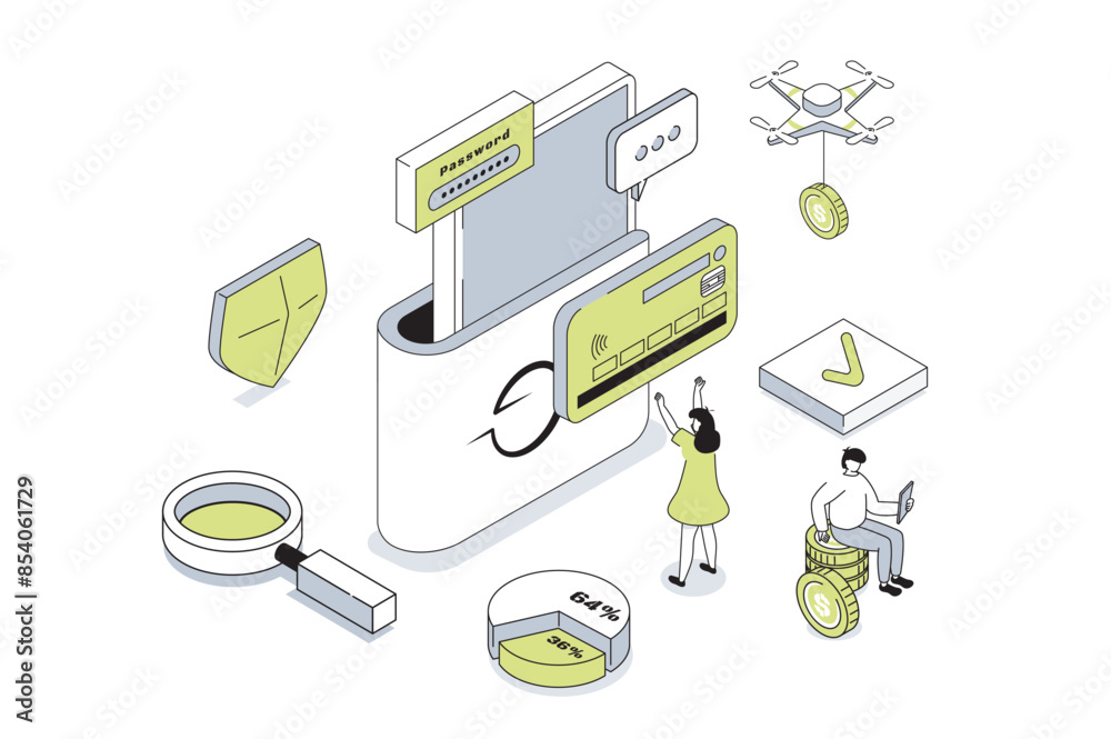 Aufkleber mobile wallet app 3d isometric concept in outline isometry design for web. people managing financial