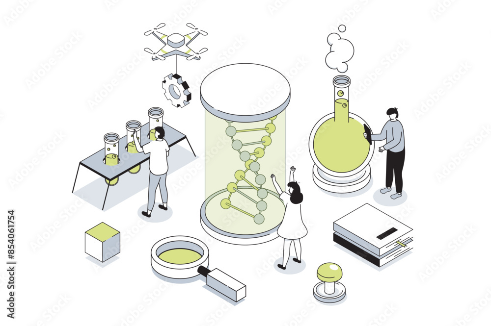 Poster science laboratory 3d isometric concept in outline isometry design for web. people researching dna m