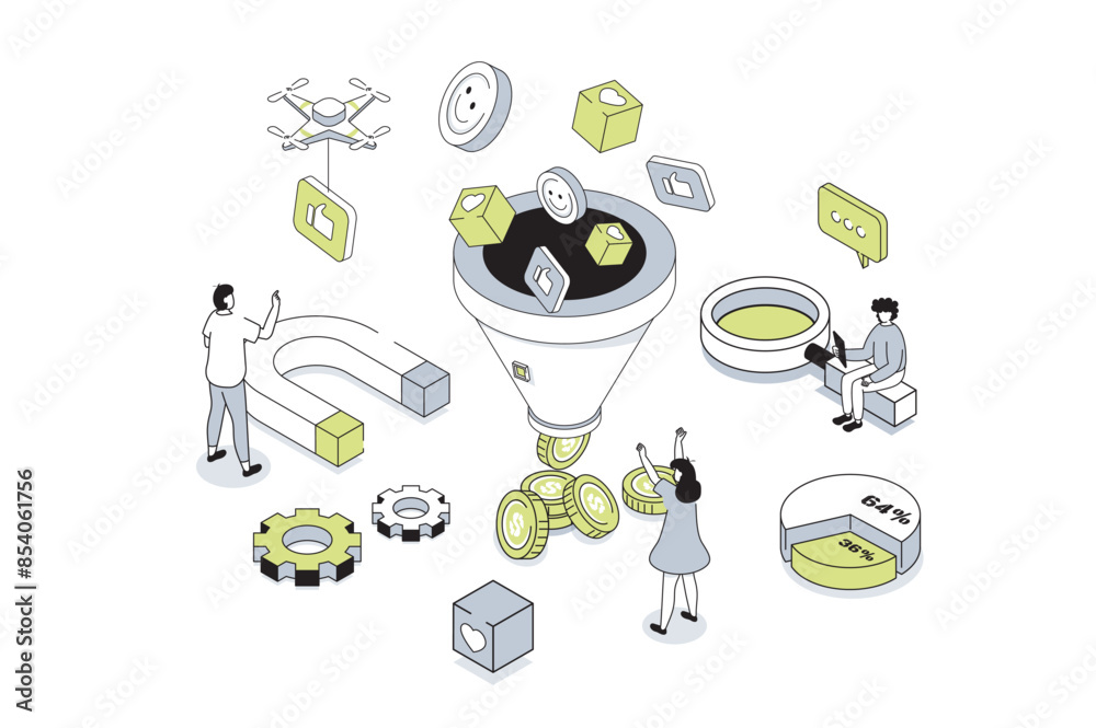 Aufkleber Social media funnel 3d isometric concept in outline isometry design for web. People using lead generations strategy with cone, attracting new audience and converting into buyers. Vector illustration.