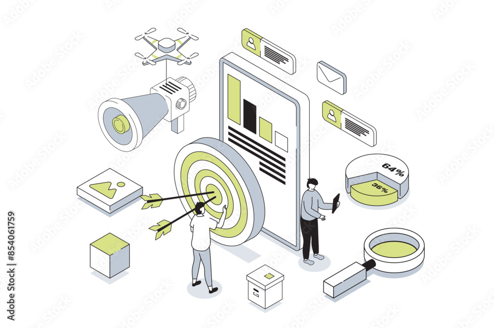 Poster target audience 3d isometric concept in outline isometry design for web. people study market data an