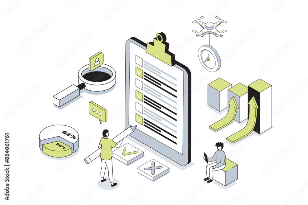 Poster Survey 3d isometric concept in outline isometry design for web. People answering in questionnaire or quiz form, giving client feedback, choosing and marking in test checklist. Vector illustration.