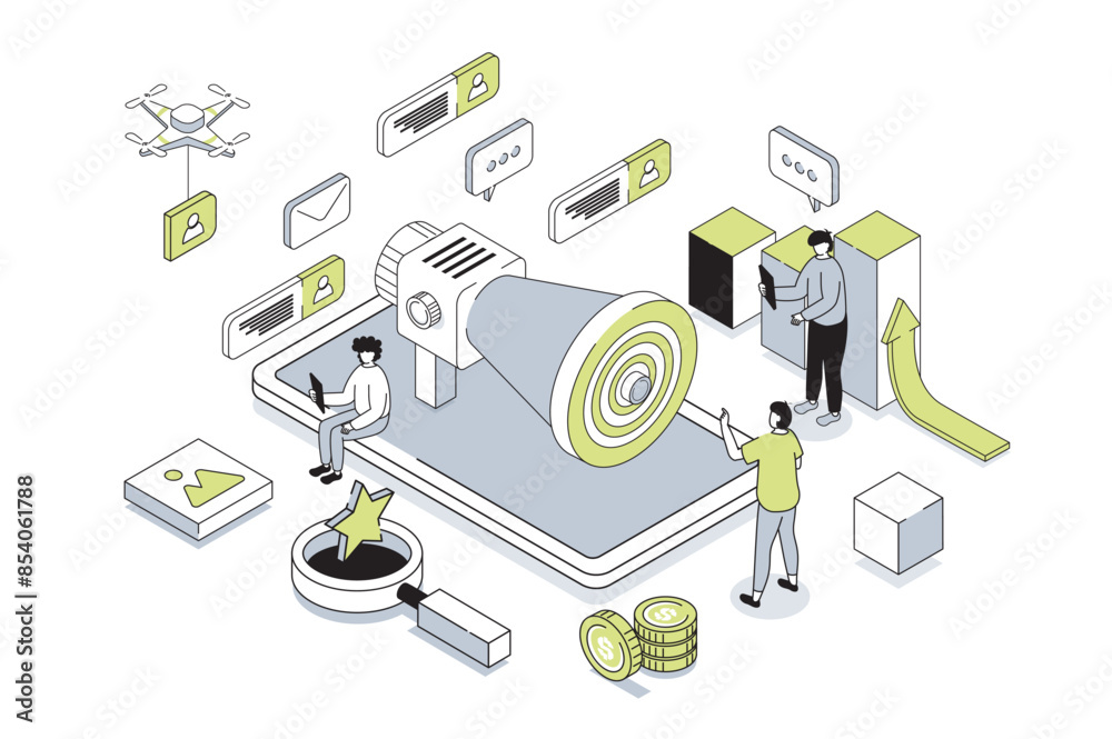 Poster social media marketing 3d isometric concept in outline isometry design for web. people advertising o