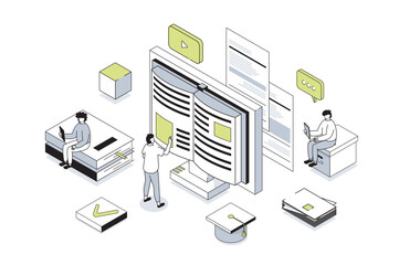 Modern education 3d isometric concept in outline isometry design for web. People reading e-books and digital textbook, learning at digital classroom, watching video lectures. Vector illustration.