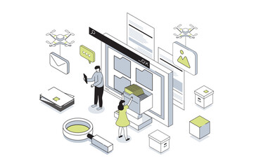 Electronic organization files 3d isometric concept in outline isometry design for web. People working with digital database at computer screen, organizing folders for storage. Vector illustration.