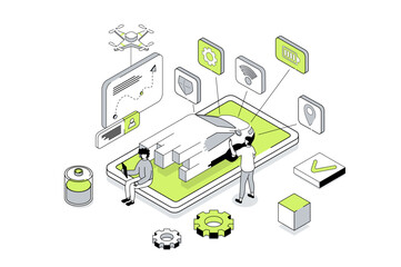 Smart car 3d isometric concept in outline isometry design for web. People managing of autonomous automobile with smartphone app, monitoring system, using online map navigation. Vector illustration.