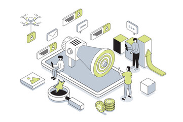 Social media marketing 3d isometric concept in outline isometry design for web. People advertising online shop for attracting of target audience, getting orders and clients. Vector illustration.