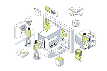 Worldwide delivery 3d isometric concept in outline isometry design for web. People using global logistic company with truck transportation, receiving parcels with cargo shipping. Vector illustration.