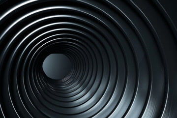 Abstract image of concentric metal rings with a circular tunnel effect, creating a sense of depth and dimension in a monochromatic palette.