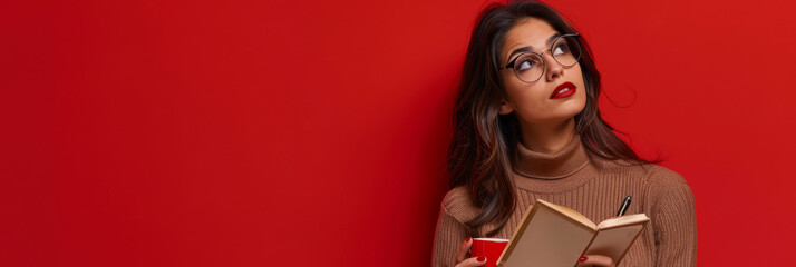 a Thoughtful Hispanic Woman: A woman looking thoughtful while holding a book, with a coffee cup, notebook, pen, and reading glasses on a red studio background. She is dressed in casual, stylish