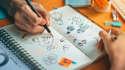 Close-up of hands drawing in a sketchbook with creative doodles, ideas, and lightbulb sketches on a wooden desk.